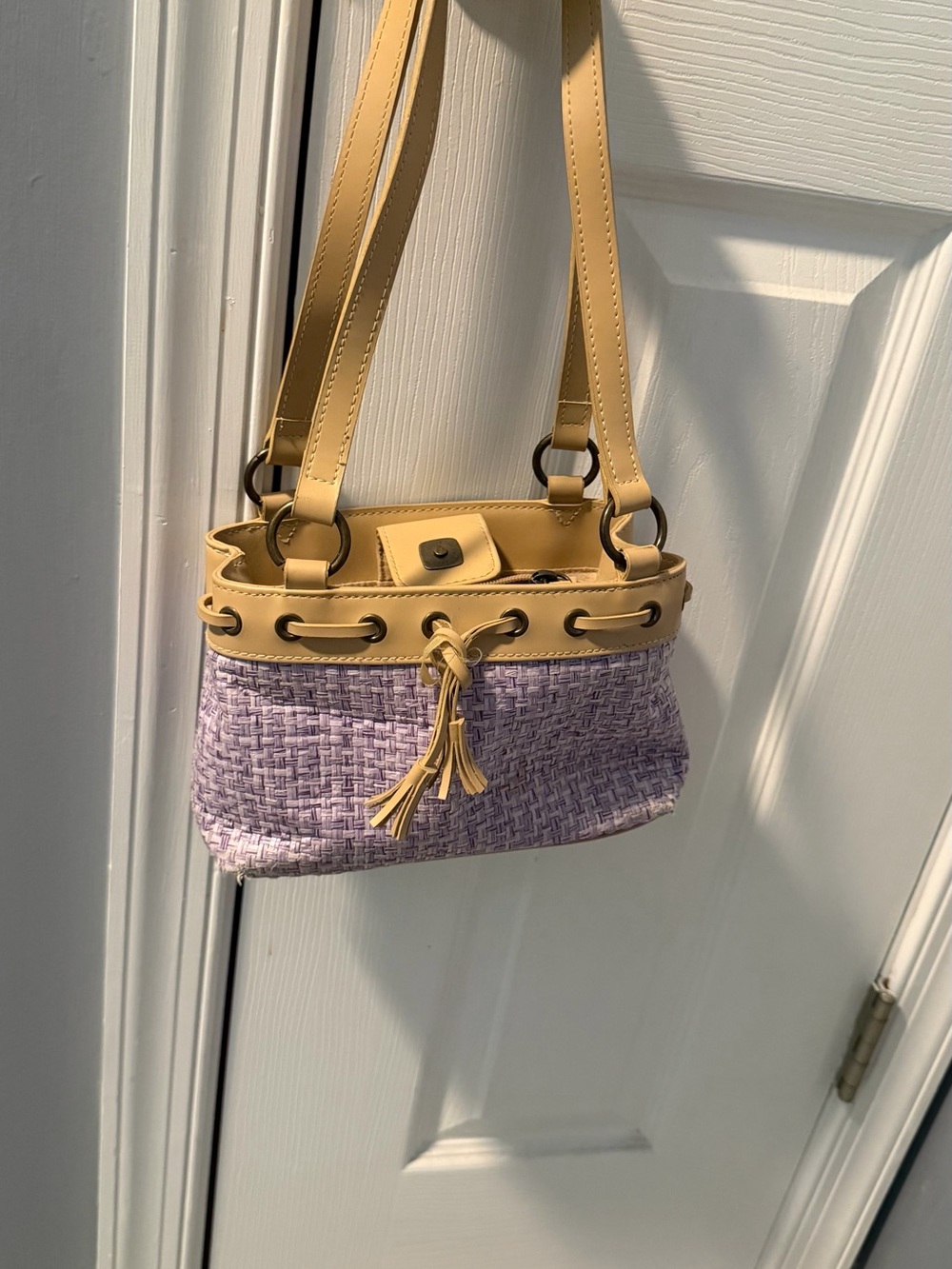 Tan Trim Lavender Woven Shoulder Bag - slight wear shown